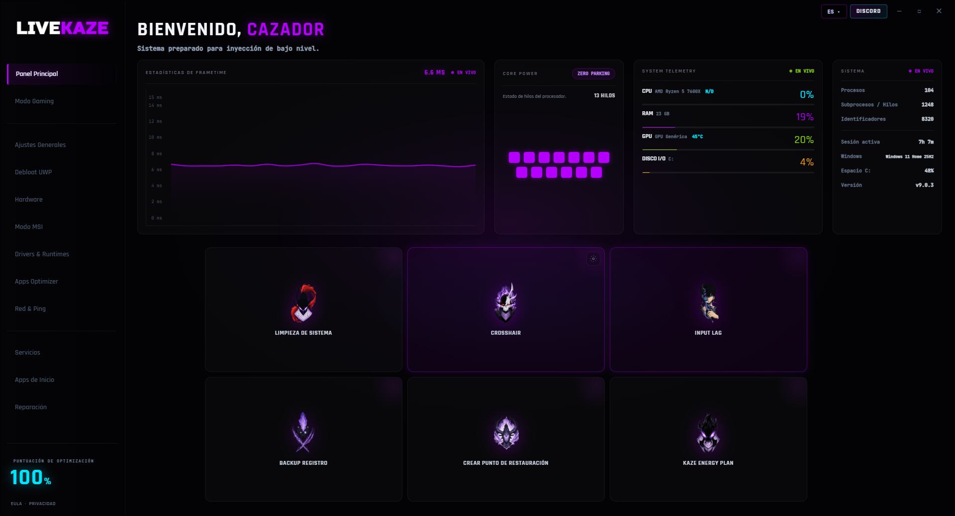 LiveKaze Optimizer — Panel principal